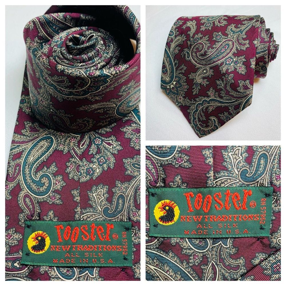 Rooster Silk Paisley Necktie Tie Preppy‎ Office Professional Made USA READ